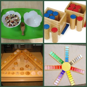 Clockwise, from top left: Dry pouring, sound cylinders, Color Box 3, and Knobbed Cylinders